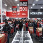 Shoppers carrying electronics and TVs during a busy Black Friday sale event
